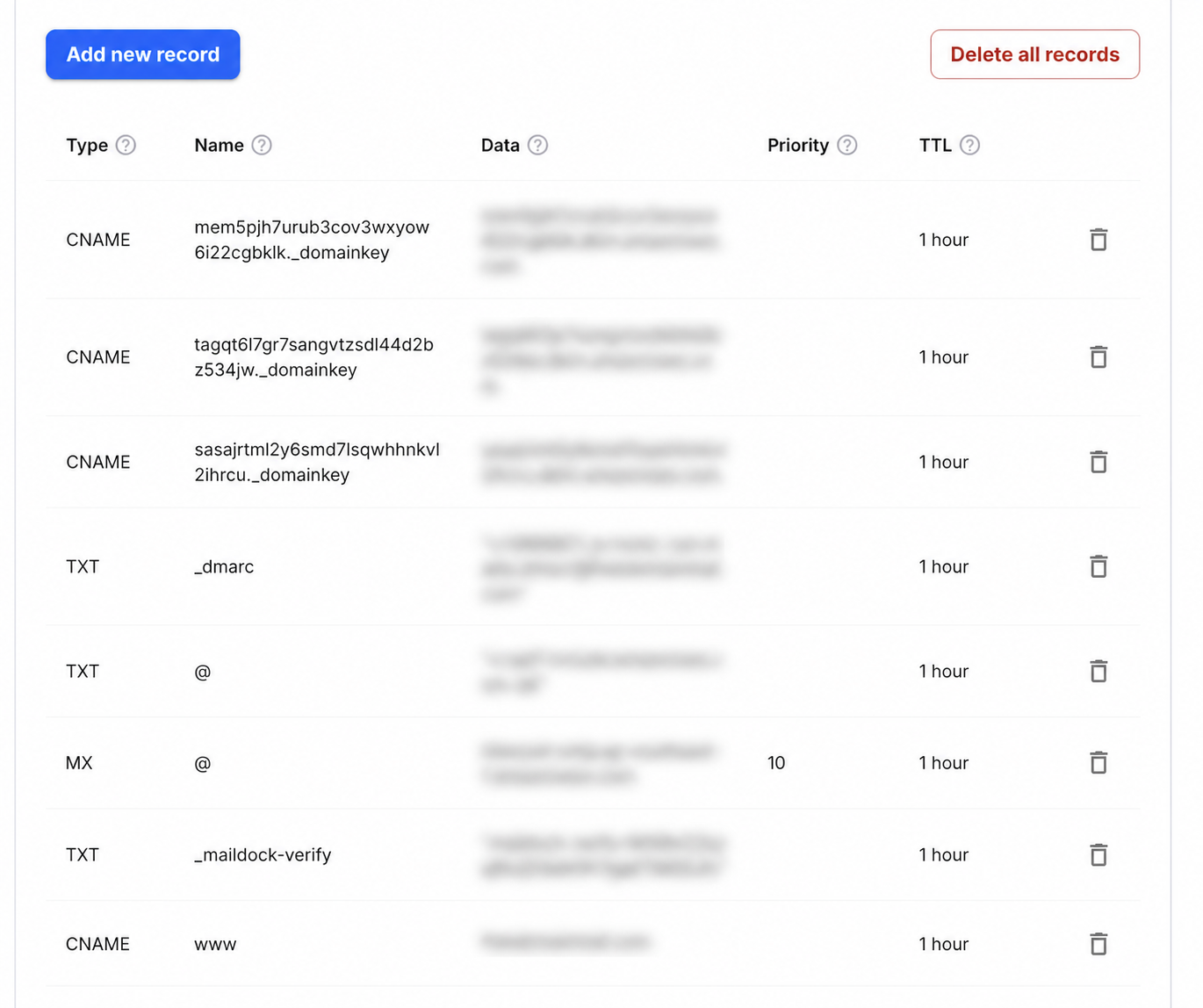 A real DNS records table with email MX, TXT and DKIM entries